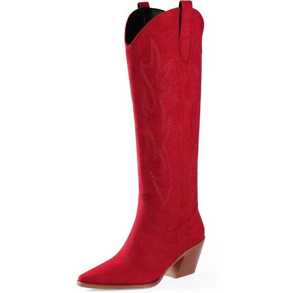 Women Red Knee High Pointed Toe Block Heel Cowboy Western Embroidered Boots